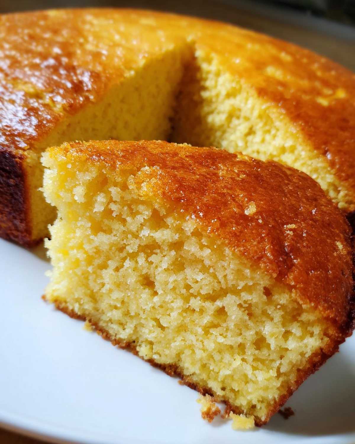 Close-up of a moist, golden slice of buttermilk cornbread resting against the main round loaf.