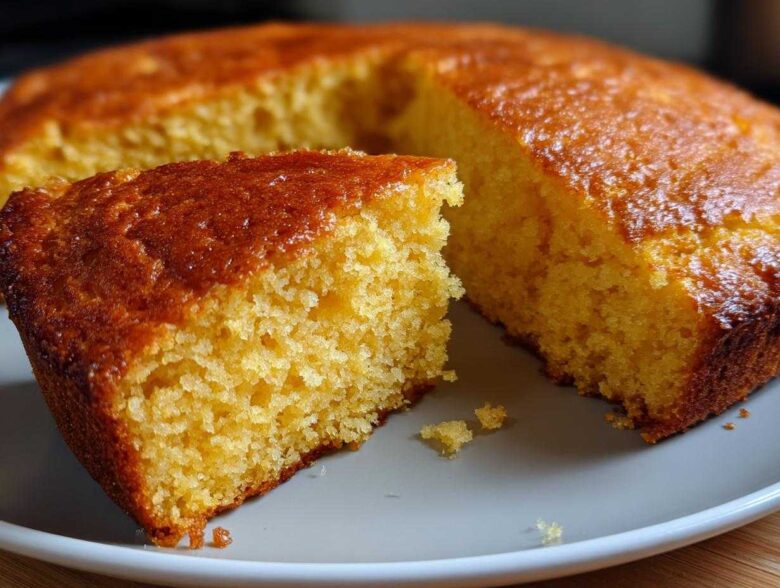 A close-up of a golden slice of buttermilk cornbread with a rich, caramelized top, resting next to the main loaf.