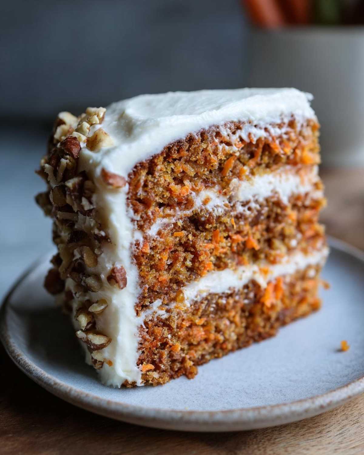 A close-up of a moist slice of carrot cake recipe layered with cream cheese frosting and topped with chopped nuts.