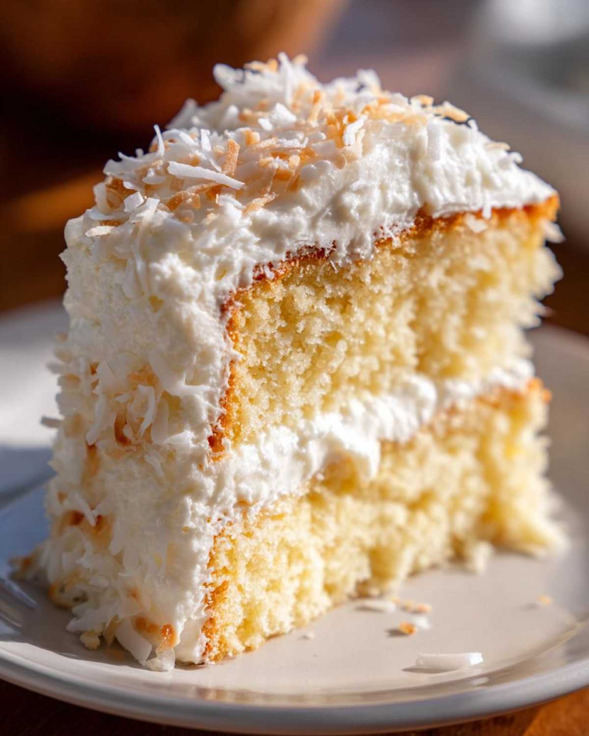 Close-up of a delicious slice of layered coconut cake, covered in white frosting and toasted coconut flakes.