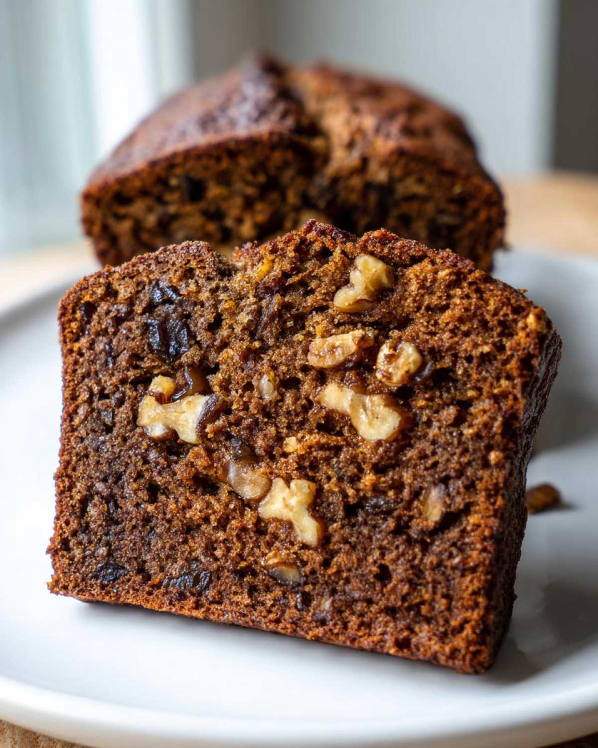 Close-up of a thick slice of moist date nut bread studded with visible walnuts and dates.