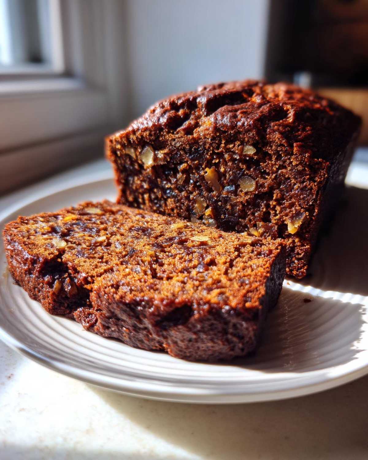 A close-up of a dark, moist slice of date nut bread showing visible pieces of dates and walnuts.