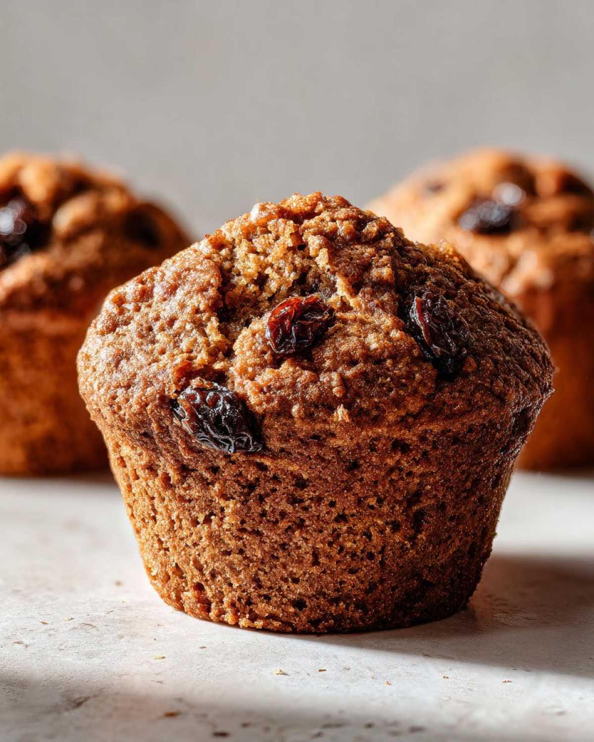 Close-up of a perfectly baked, moist honey bran muffin topped with dark raisins.