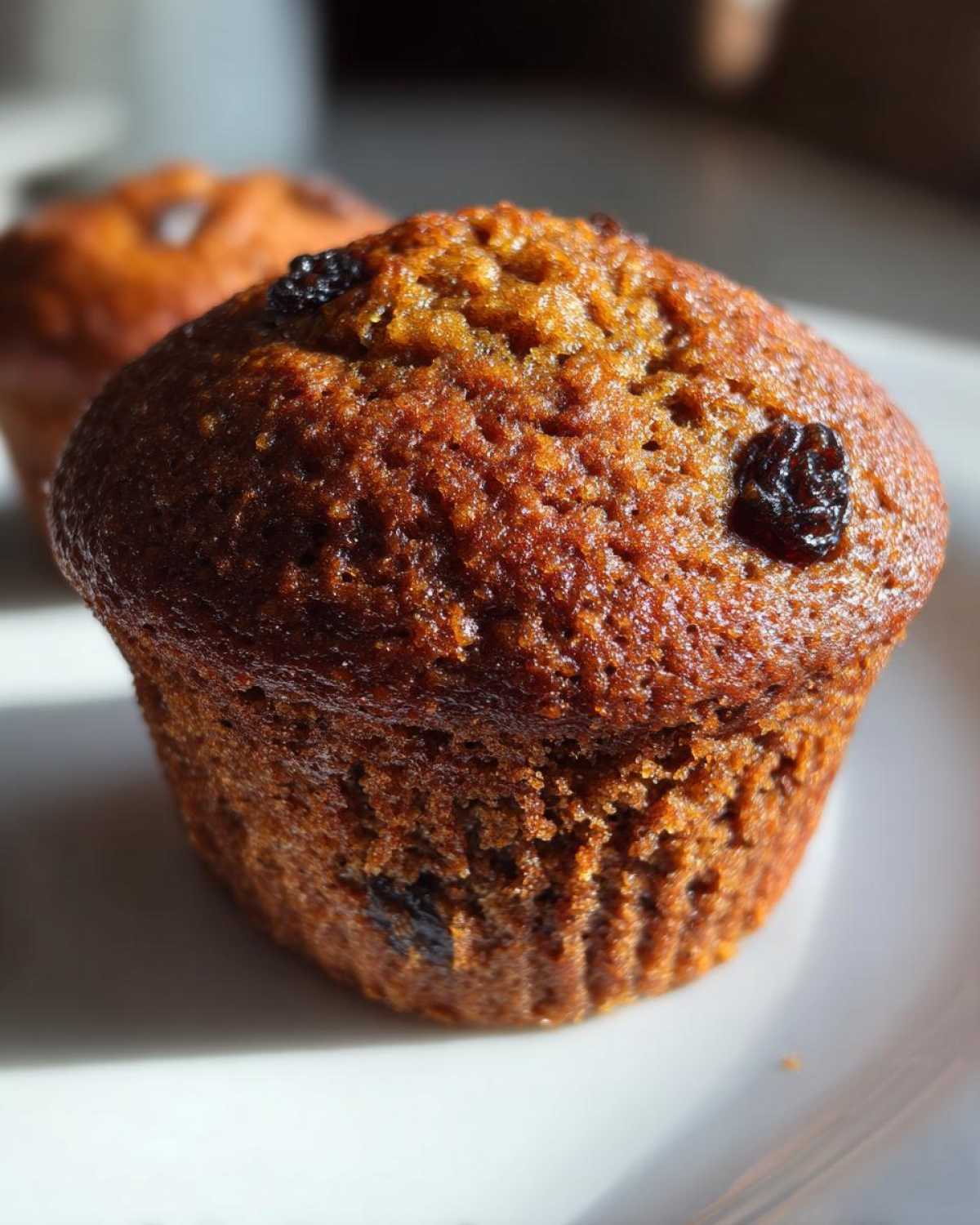 Close-up of a freshly baked, moist honey bran muffin topped with visible raisins, sitting on a white plate.