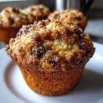 Close-up of a freshly baked honey bran muffin with a sugary, raisin-filled crumb topping sitting on a white plate.