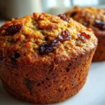 Close-up of a golden brown, moist honey bran muffin topped with dark raisins on a white plate.