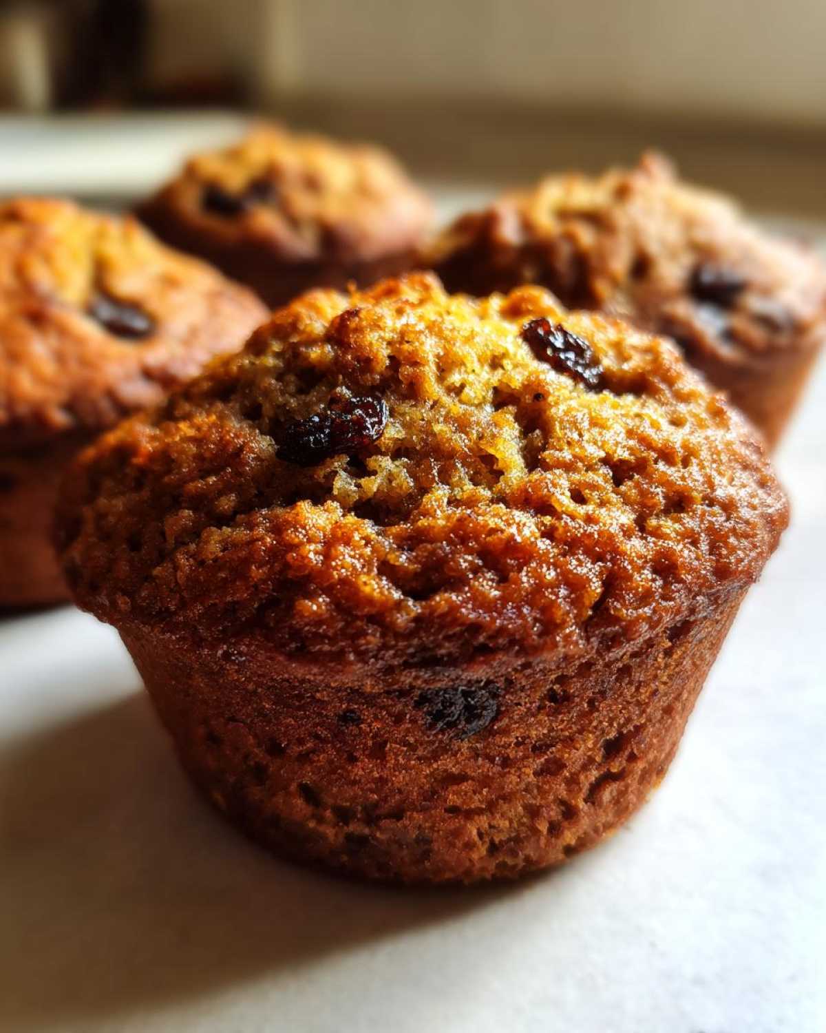 Close-up of a freshly baked, moist honey bran muffin topped with visible raisins.