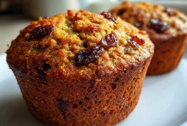 Close-up of a golden brown, moist honey bran muffin topped with dark raisins on a white plate.