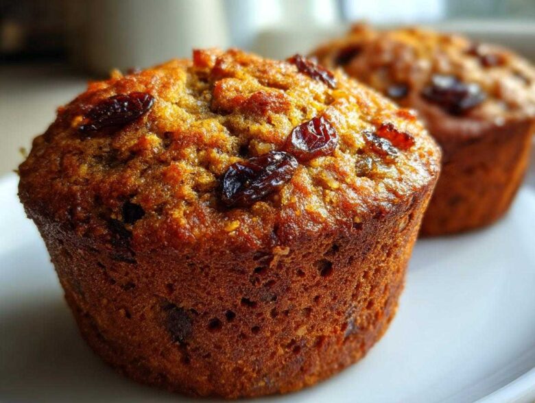 Close-up of a golden brown, moist honey bran muffin topped with dark raisins on a white plate.