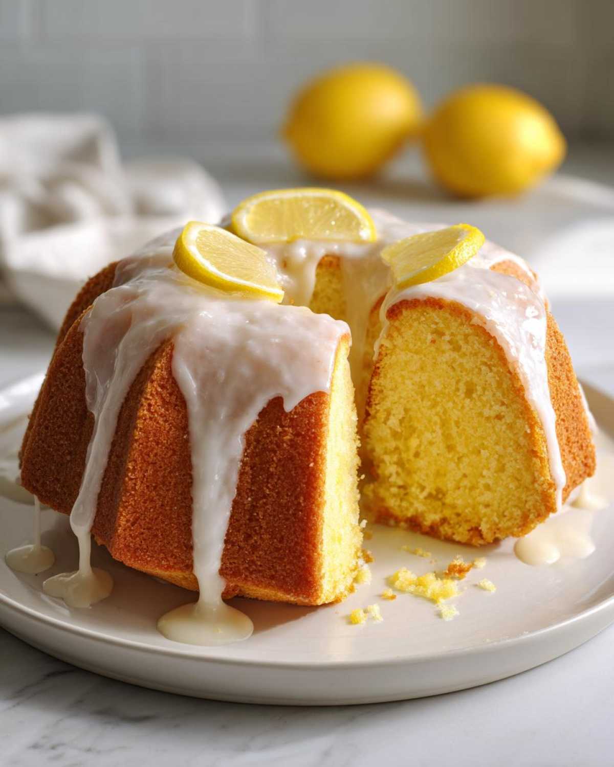 A moist lemon pound cake, drizzled with white glaze and garnished with lemon slices, with one slice cut out.