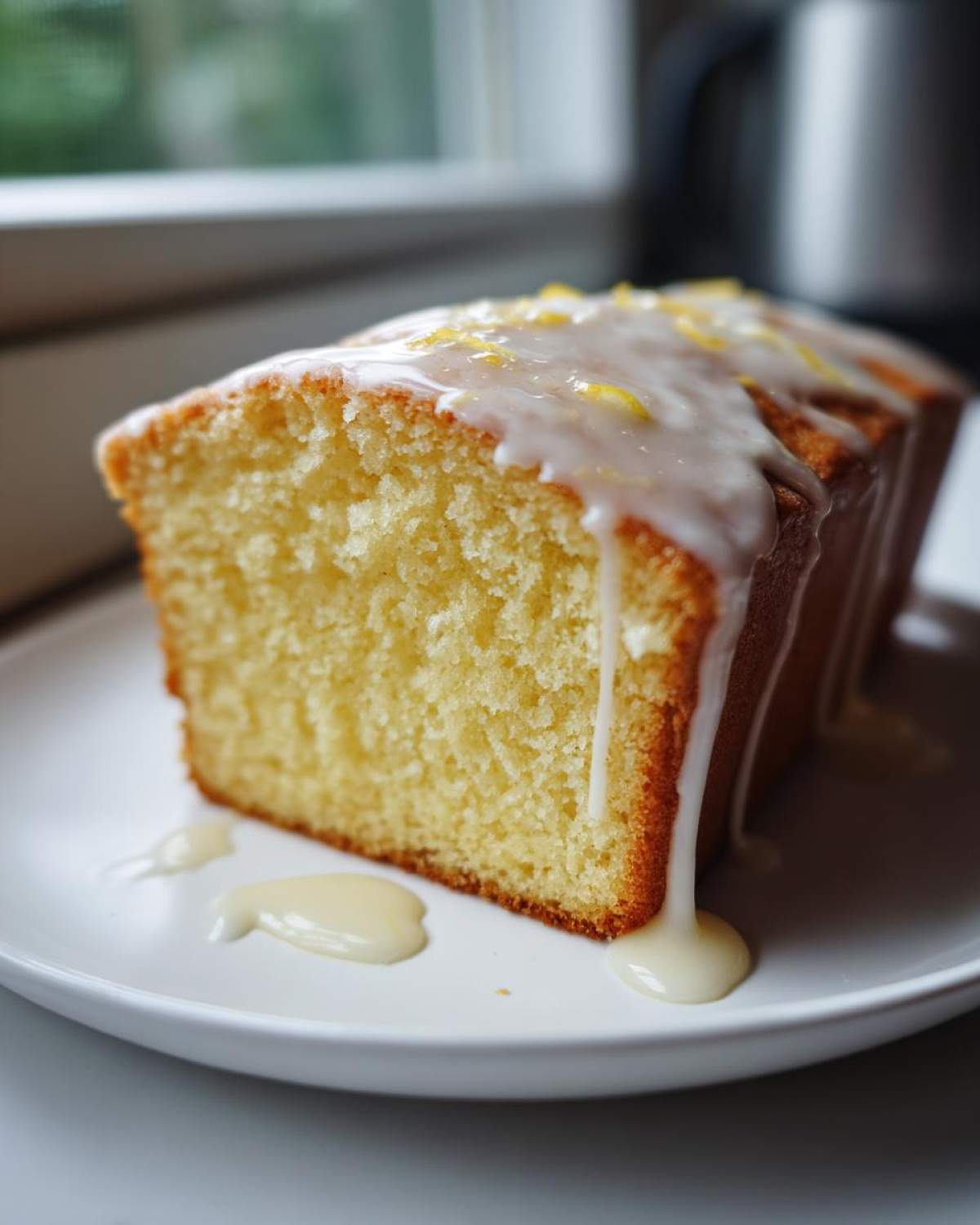Close-up of a moist slice of lemon pound cake topped with thick white glaze and zest.