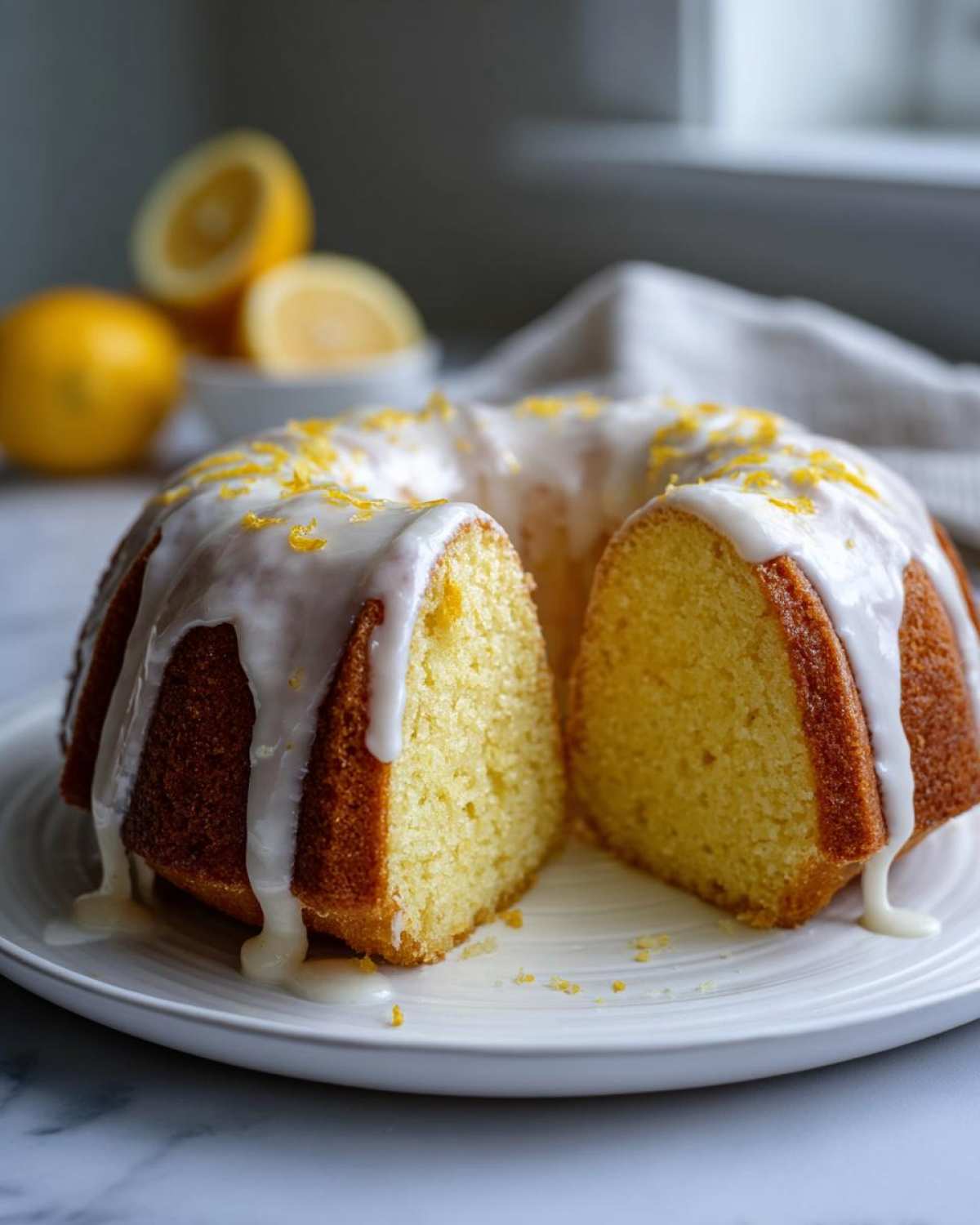 A slice cut from a bundt-style lemon pound cake topped with white glaze and lemon zest.