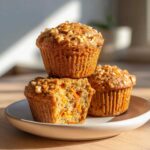 Three moist morning glory muffins, one cut open to show carrots and nuts, stacked on a light plate.