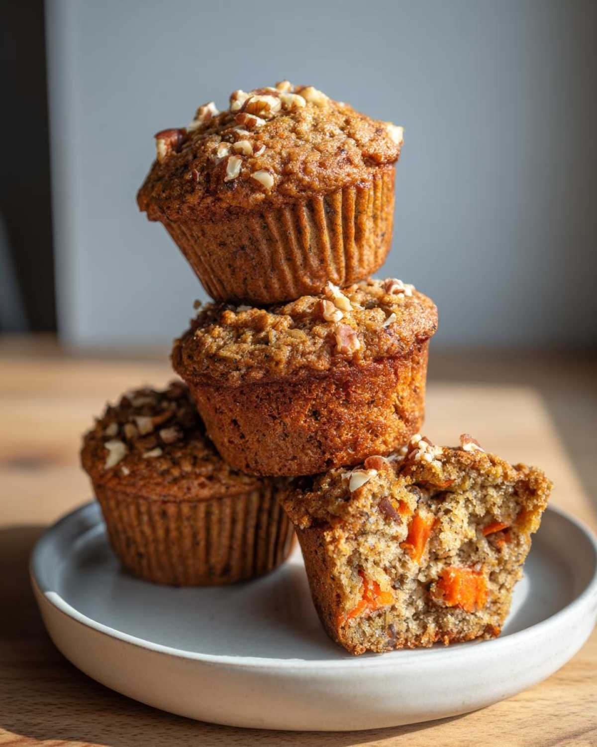 A stack of four moist morning glory muffins, one cut in half showing carrots and nuts inside.