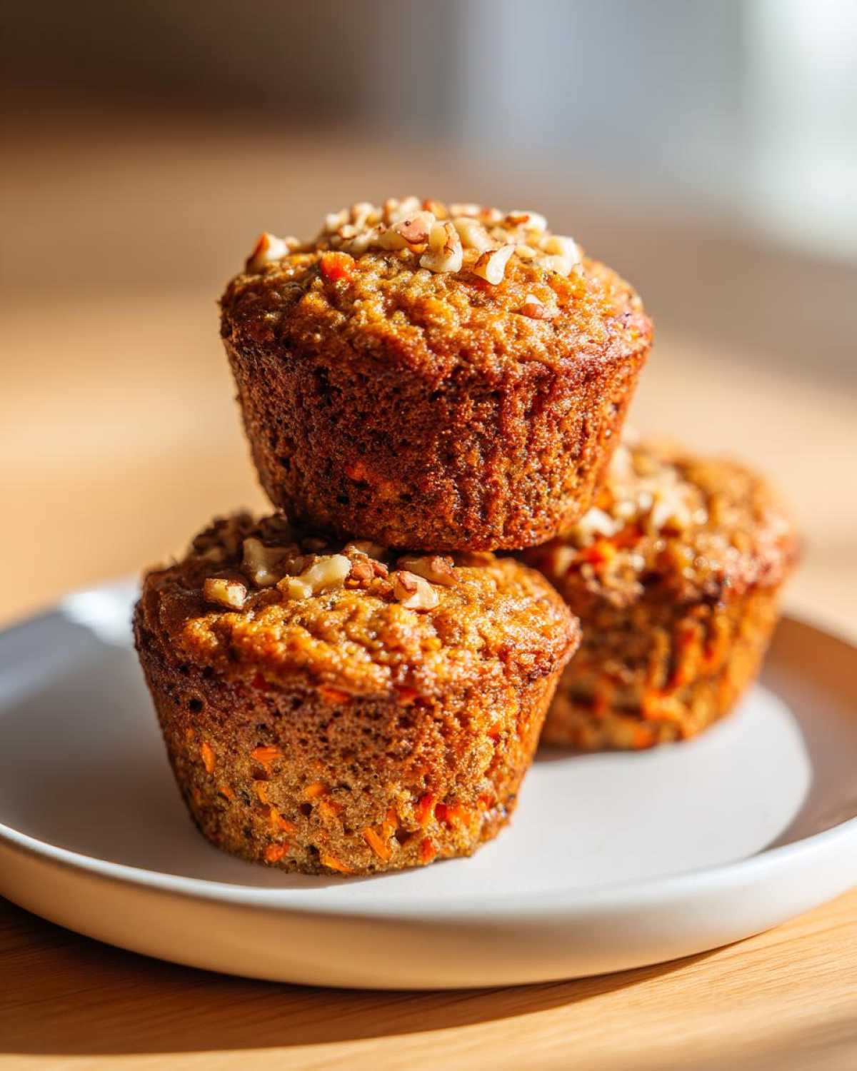 Three moist morning glory muffins stacked on a white plate, topped with chopped walnuts.