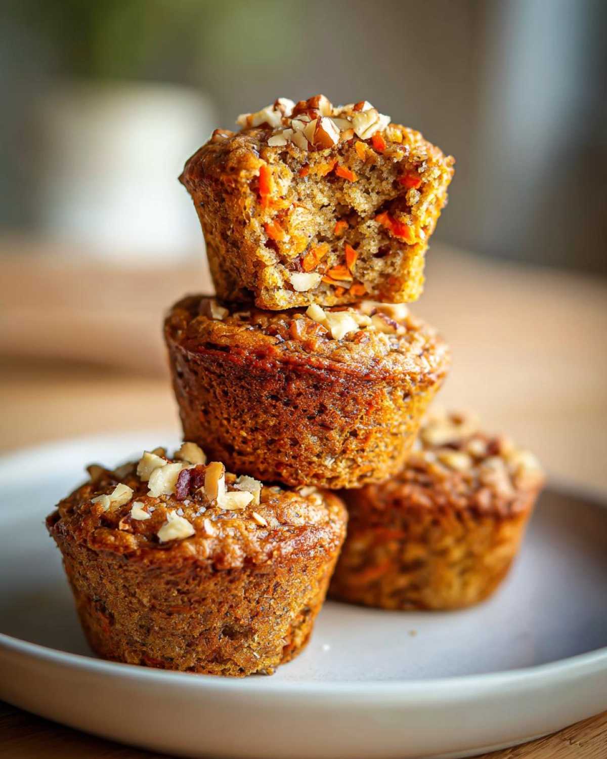 A stack of three moist morning glory muffins topped with chopped nuts, one muffin showing its textured interior.