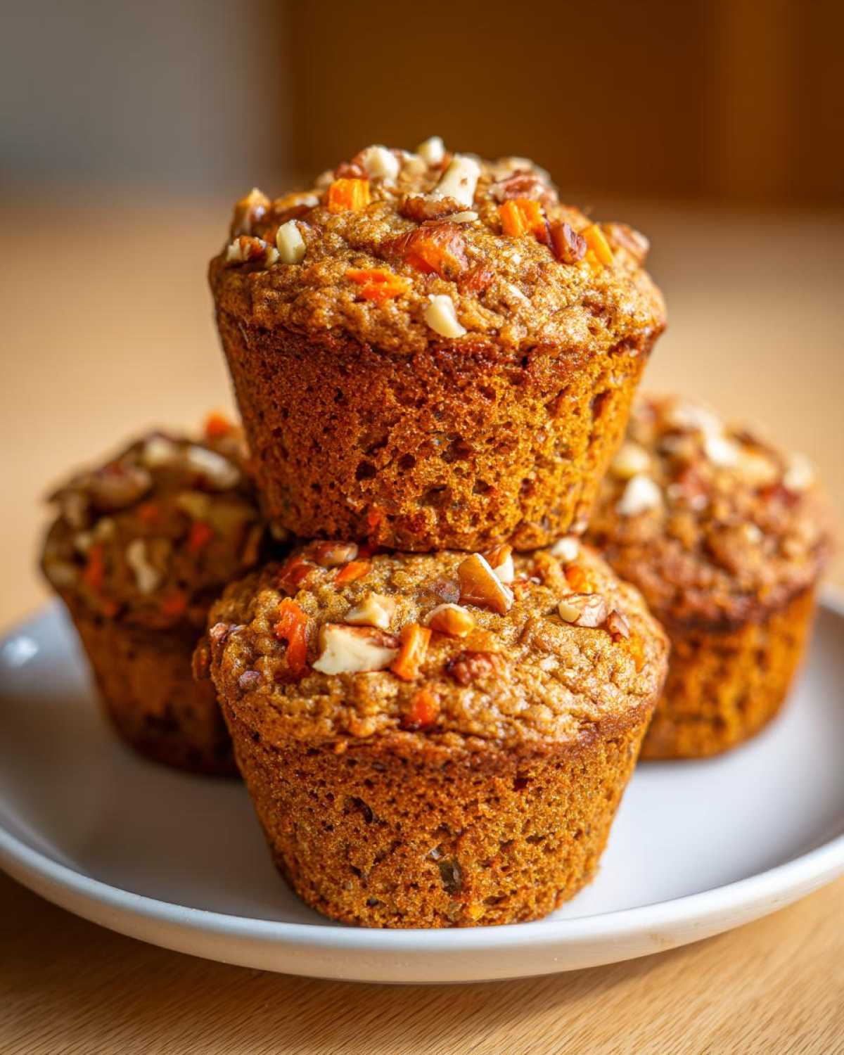 A stack of four moist morning glory muffins topped with chopped carrots and pecans on a white plate.