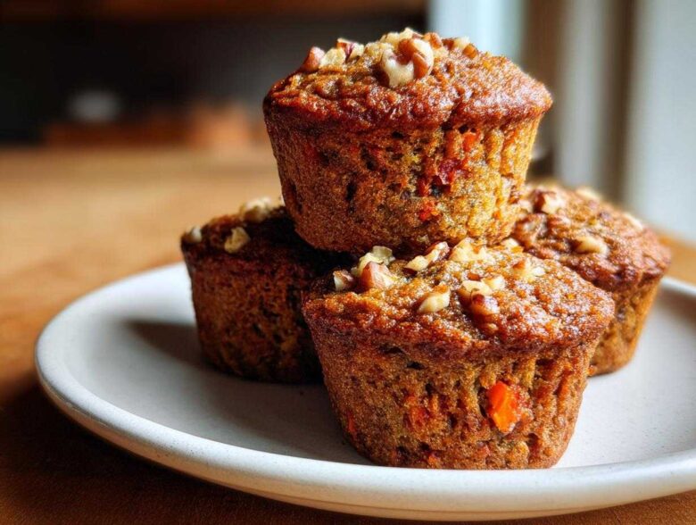 A stack of three moist morning glory muffins topped with chopped walnuts on a light-colored plate.