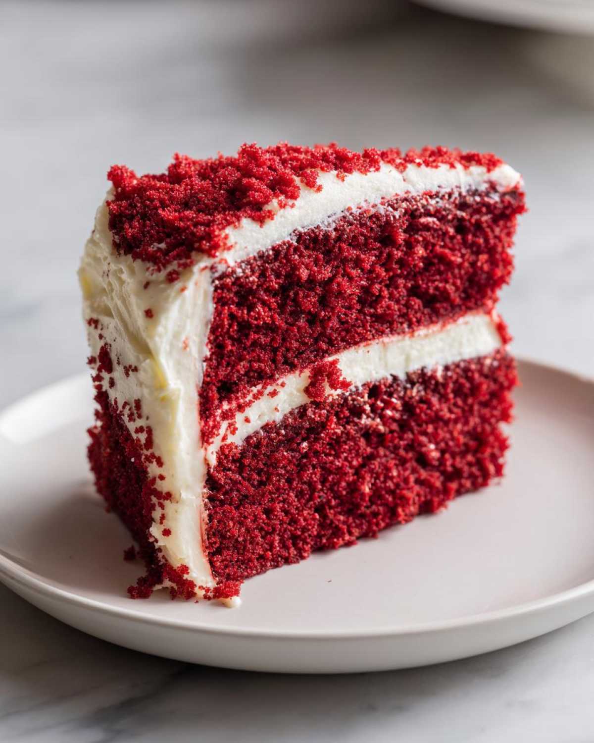 A close-up of a moist slice of red velvet cake layered with white cream cheese frosting.
