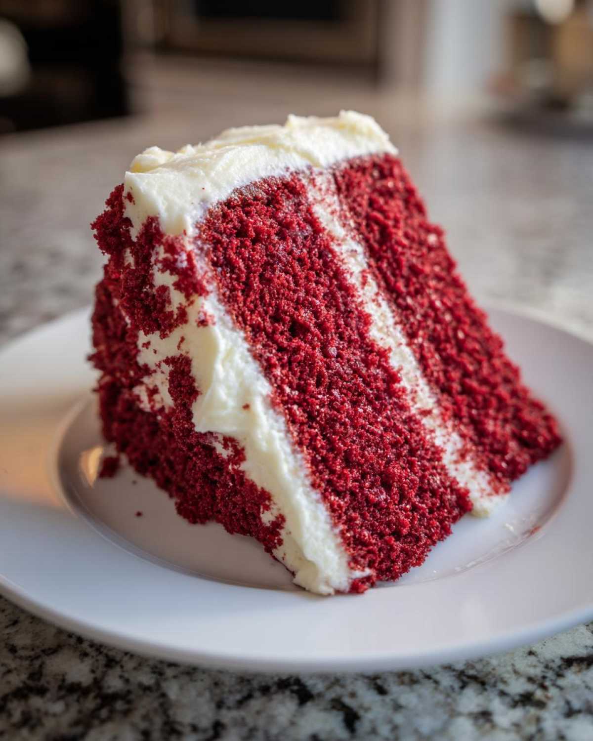 A close-up view of a moist slice of red velvet cake layered with thick white cream cheese frosting.