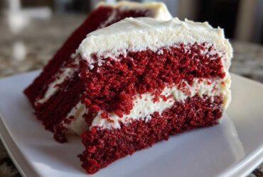 Close-up of a moist slice of red velvet cake layered with thick cream cheese frosting.