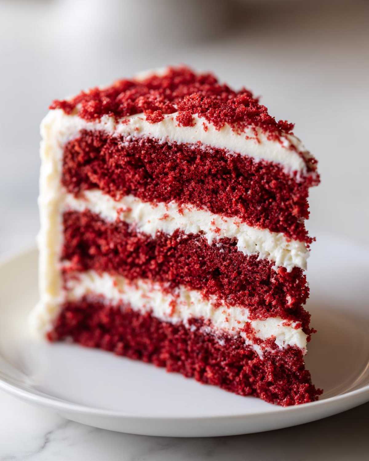 A close-up of a tall slice of moist red velvet cake layered with white cream cheese frosting and topped with red cake crumbs.