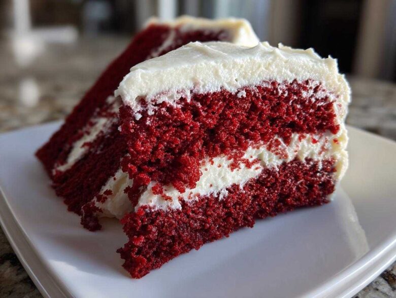 Close-up of a moist slice of red velvet cake layered with thick cream cheese frosting.