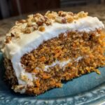 A close-up of a moist slice of carrot cake recipe topped with thick cream cheese frosting and chopped pecans.