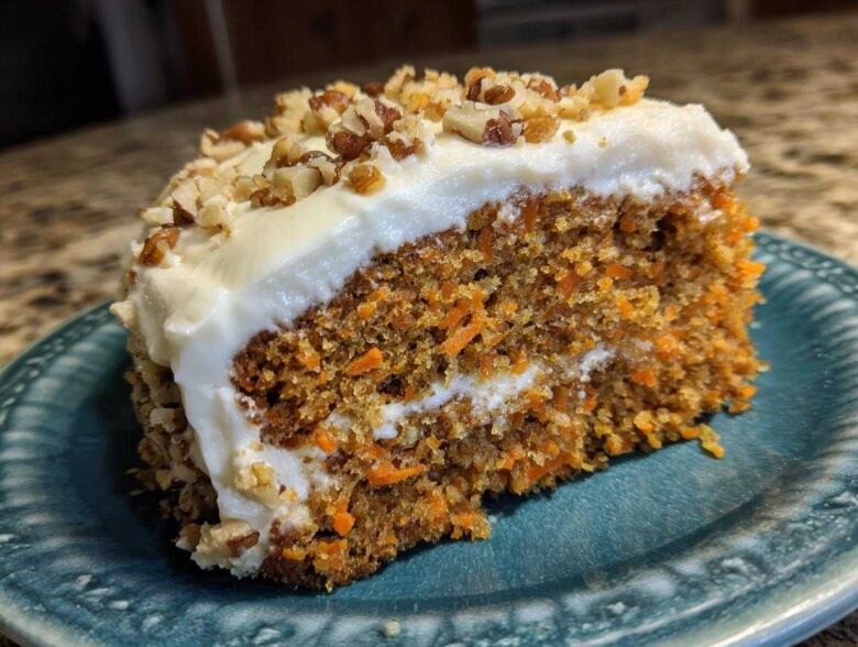 A close-up of a moist slice of carrot cake recipe topped with thick cream cheese frosting and chopped pecans.