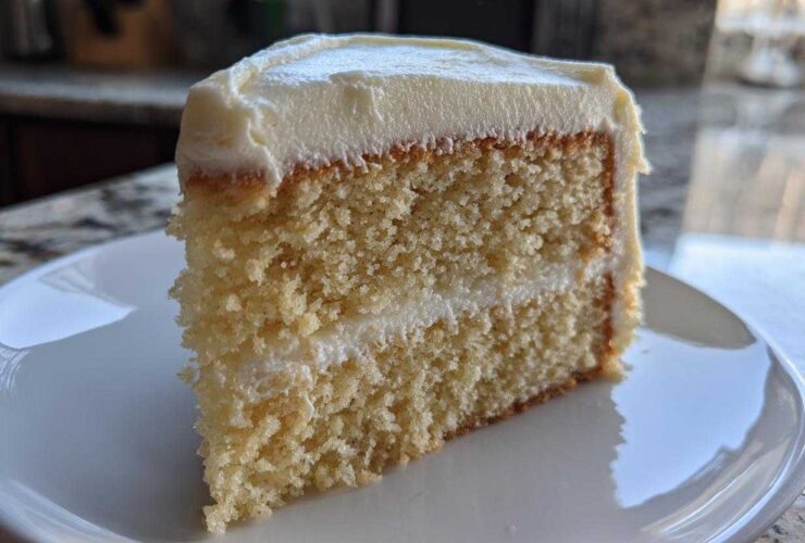 A close-up of a moist slice of vanilla cake recipe with white frosting between layers.