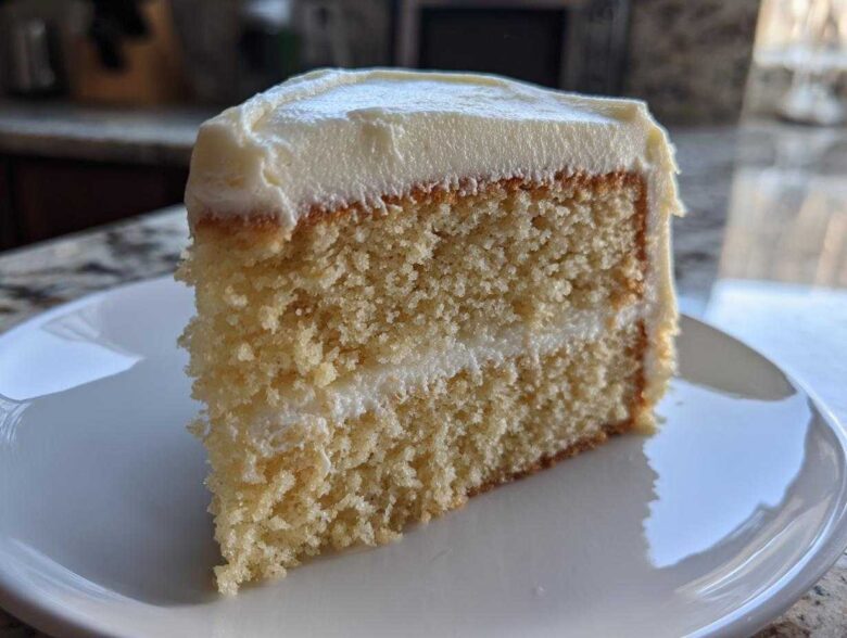 A close-up of a moist slice of vanilla cake recipe with white frosting between layers.