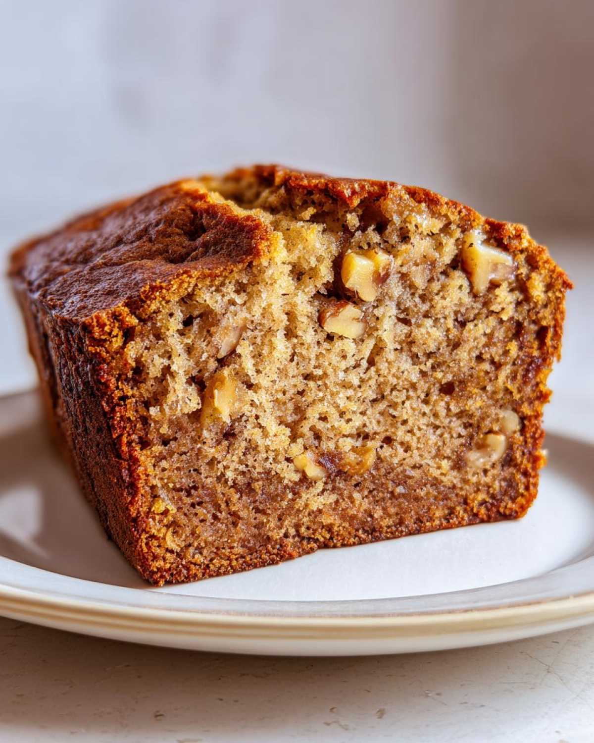 Close-up of a moist slice of sugar free banana bread, showing a rich brown crumb studded with walnuts, resting on a white plate.