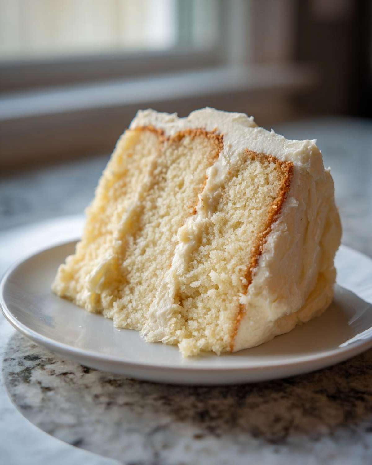 A close-up of a moist slice of vanilla cake with thick white frosting on a white plate.