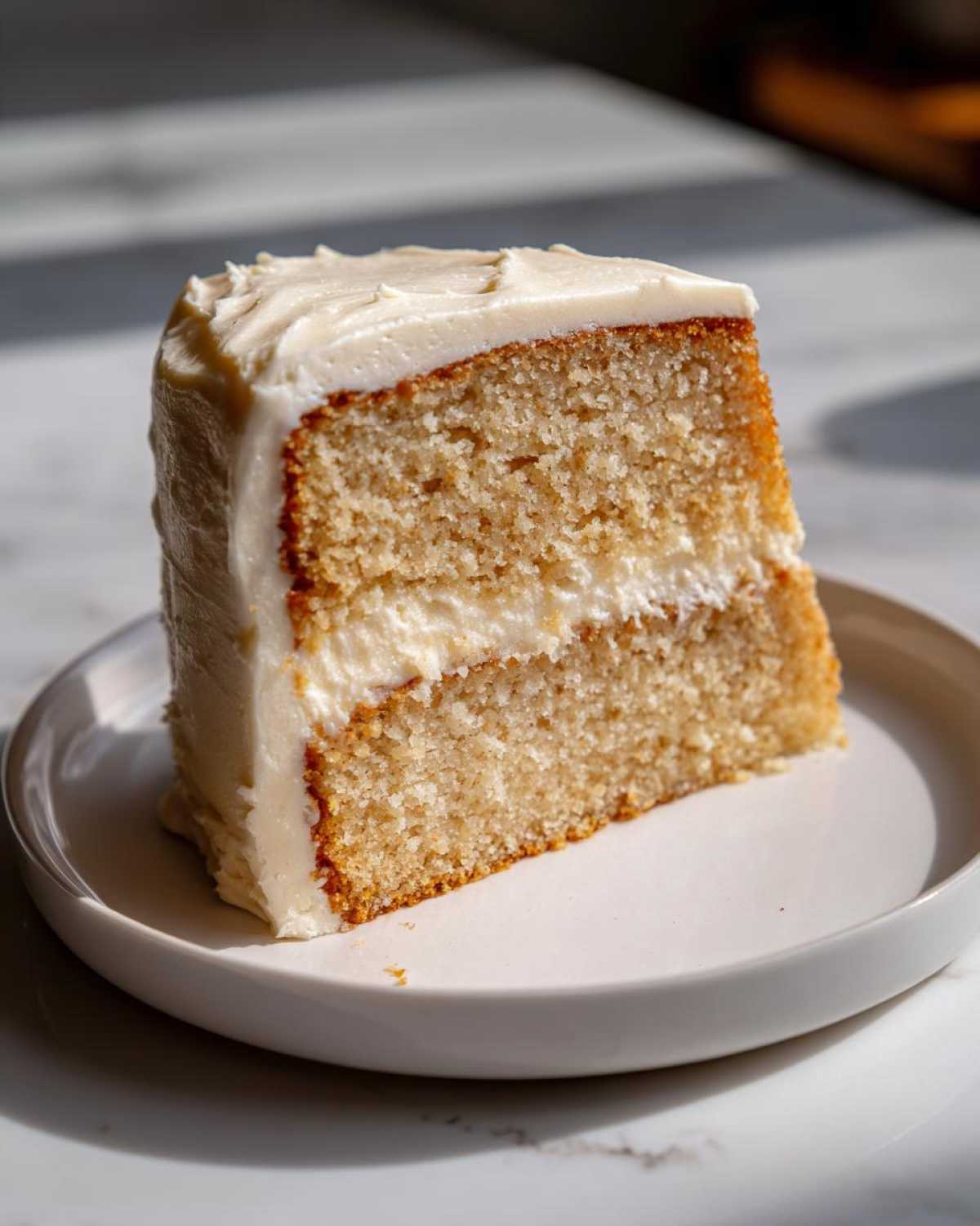 A tall, moist slice of vanilla cake with thick white frosting, sitting on a small white plate.