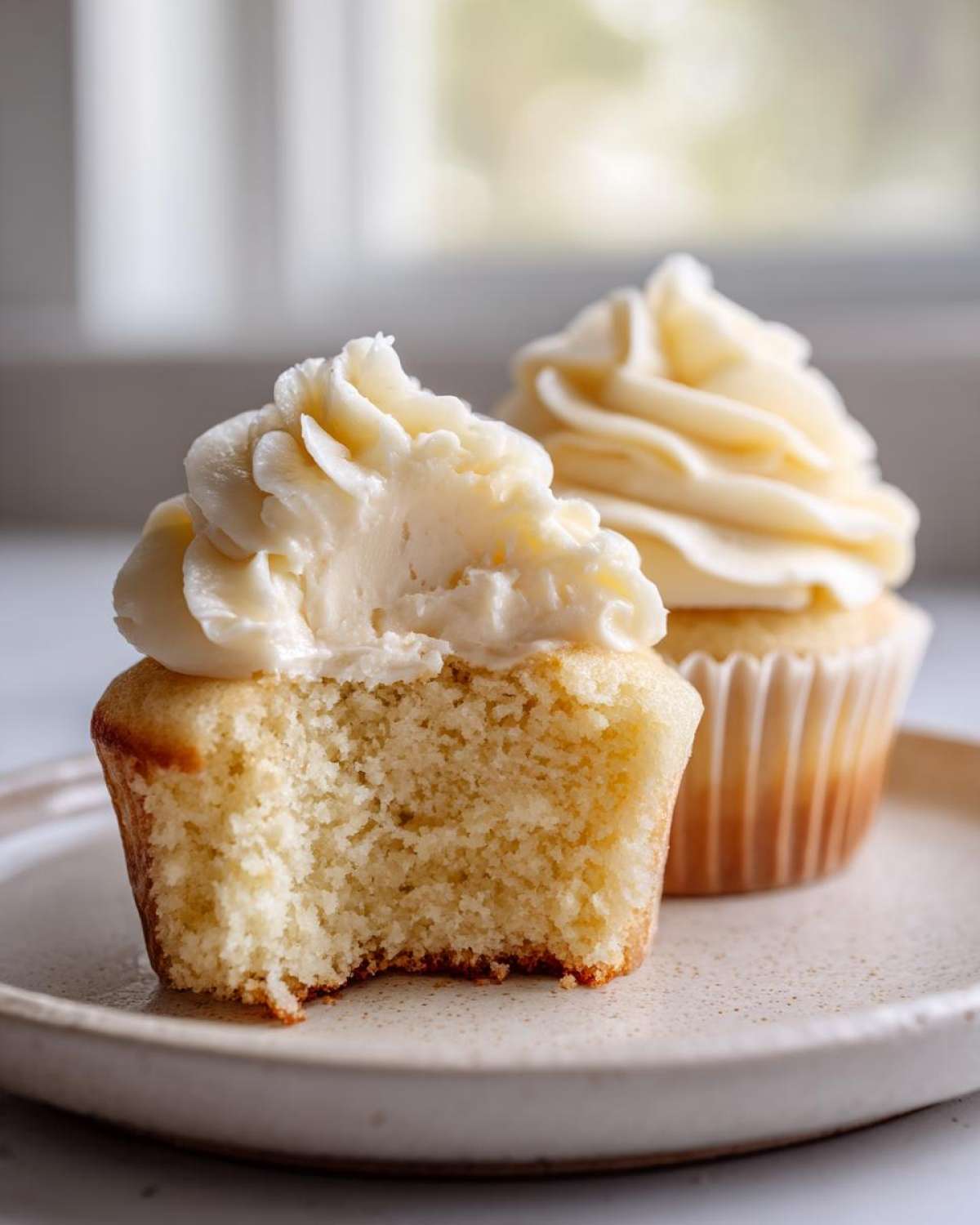 Close-up of a vanilla cupcake with a bite taken out, showing the moist crumb and thick vanilla frosting.