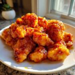 Close-up of crispy, glazed pieces of orange chicken recipe piled high on a white plate, glistening under natural light.