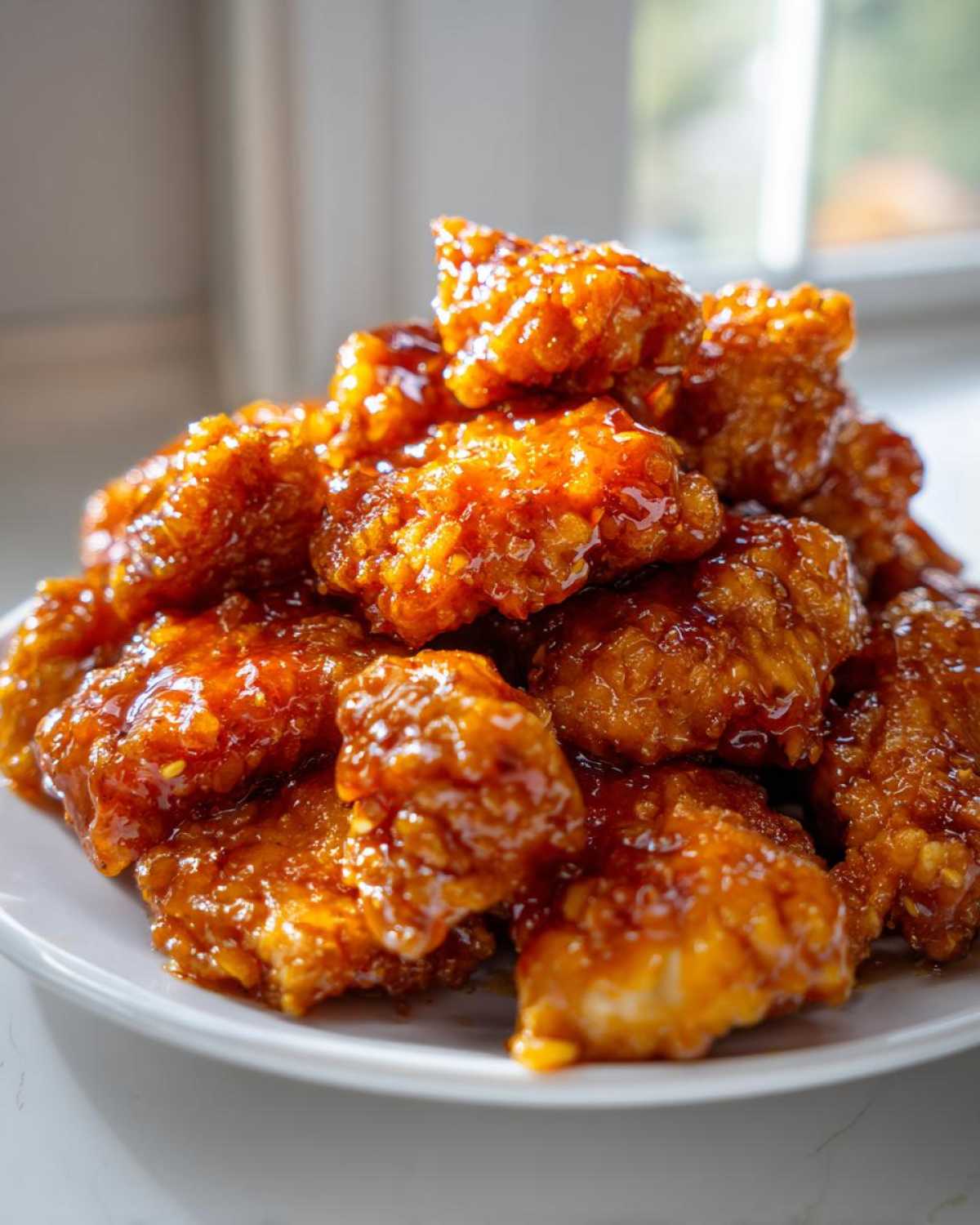 A pile of crispy, bite-sized pieces of orange chicken recipe coated in a thick, shiny, sweet and tangy glaze.