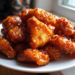 A pile of crispy, battered chicken pieces coated in a thick, glossy orange sauce, ready to eat from an orange chicken recipe.