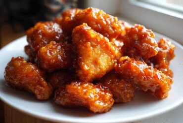 A pile of crispy, battered chicken pieces coated in a thick, glossy orange sauce, ready to eat from an orange chicken recipe.
