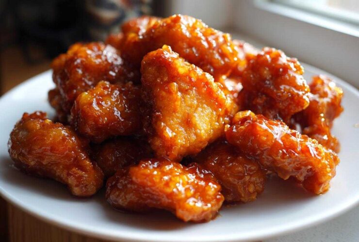 A pile of crispy, battered chicken pieces coated in a thick, glossy orange sauce, ready to eat from an orange chicken recipe.