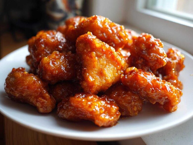 A pile of crispy, battered chicken pieces coated in a thick, glossy orange sauce, ready to eat from an orange chicken recipe.