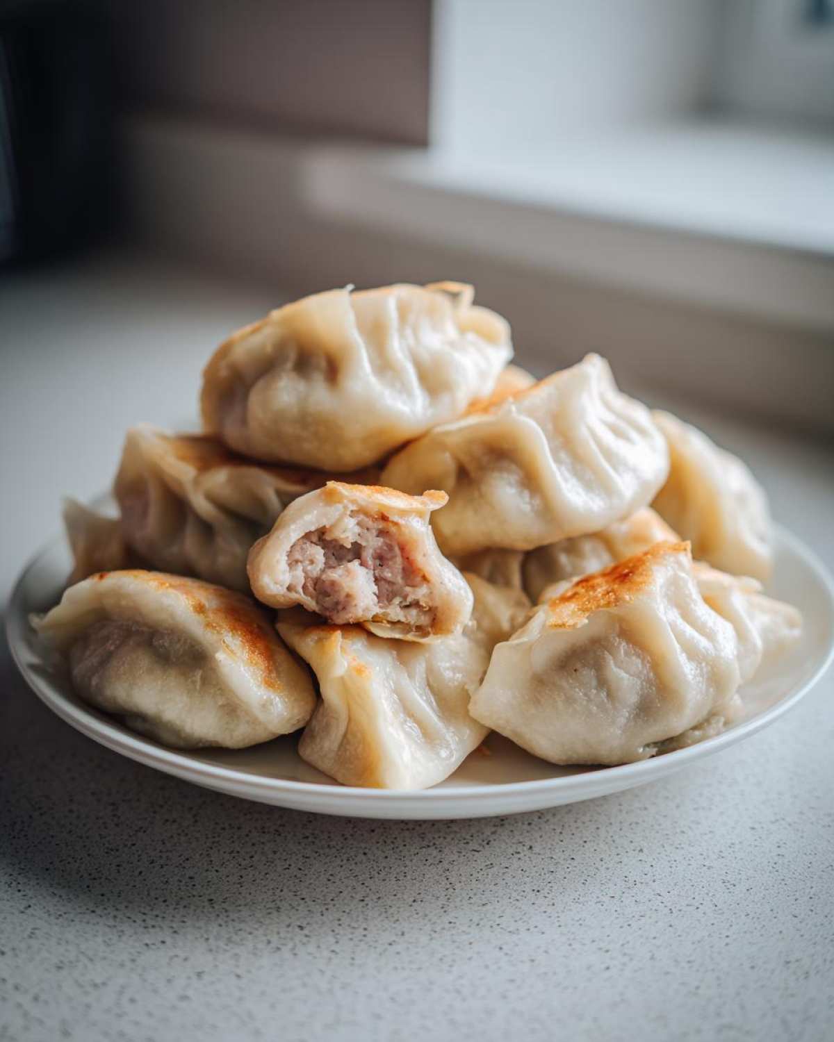 A pile of golden-brown pan-fried Traditional Chinese Dumplings, one cut open showing the savory meat filling.