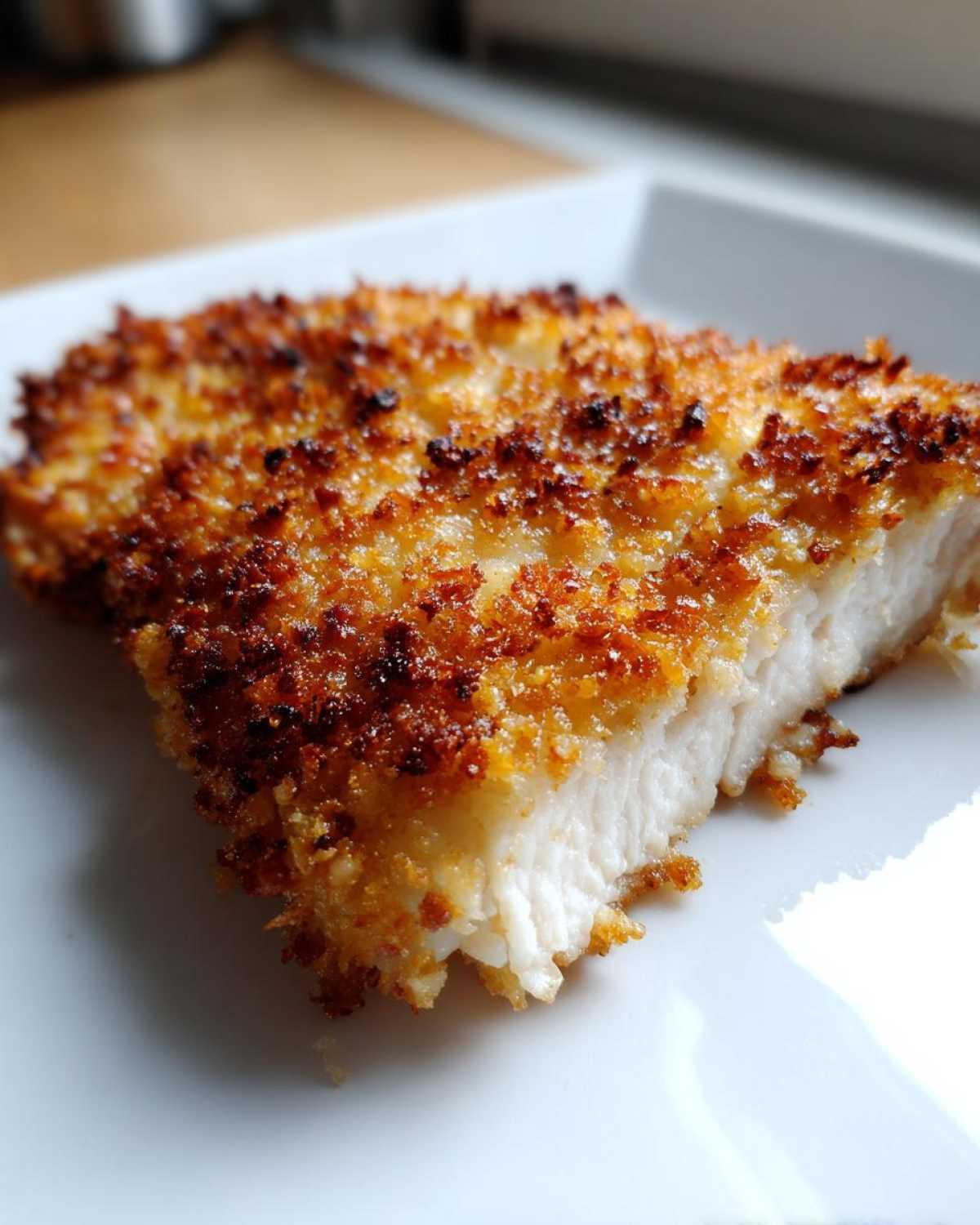 Close-up of a perfectly cooked piece of parmesan crusted chicken showing the golden, crispy crust and moist white interior.