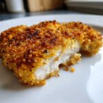 A close-up cross-section showing the juicy white meat inside a perfectly golden and crispy parmesan crusted chicken fillet.