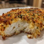 Close-up of a juicy, perfectly cooked piece of parmesan crusted chicken showing the white interior and golden crust.