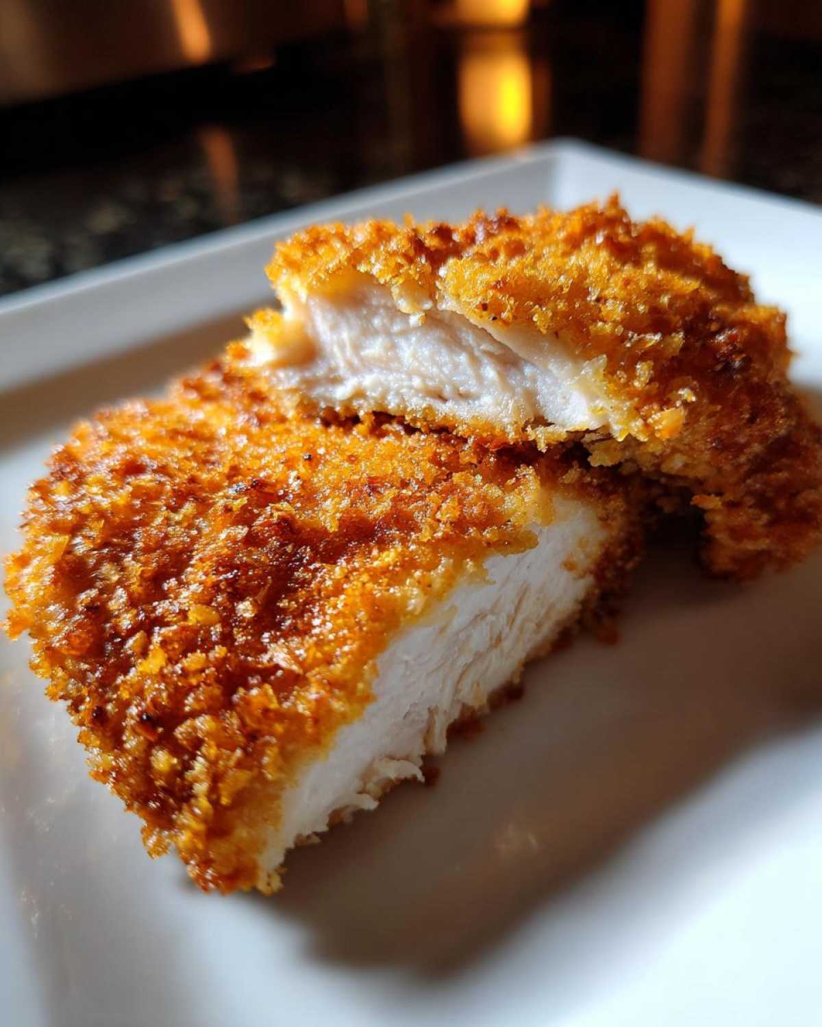 Cross-section of juicy parmesan crusted chicken showing the white interior and golden brown crust.