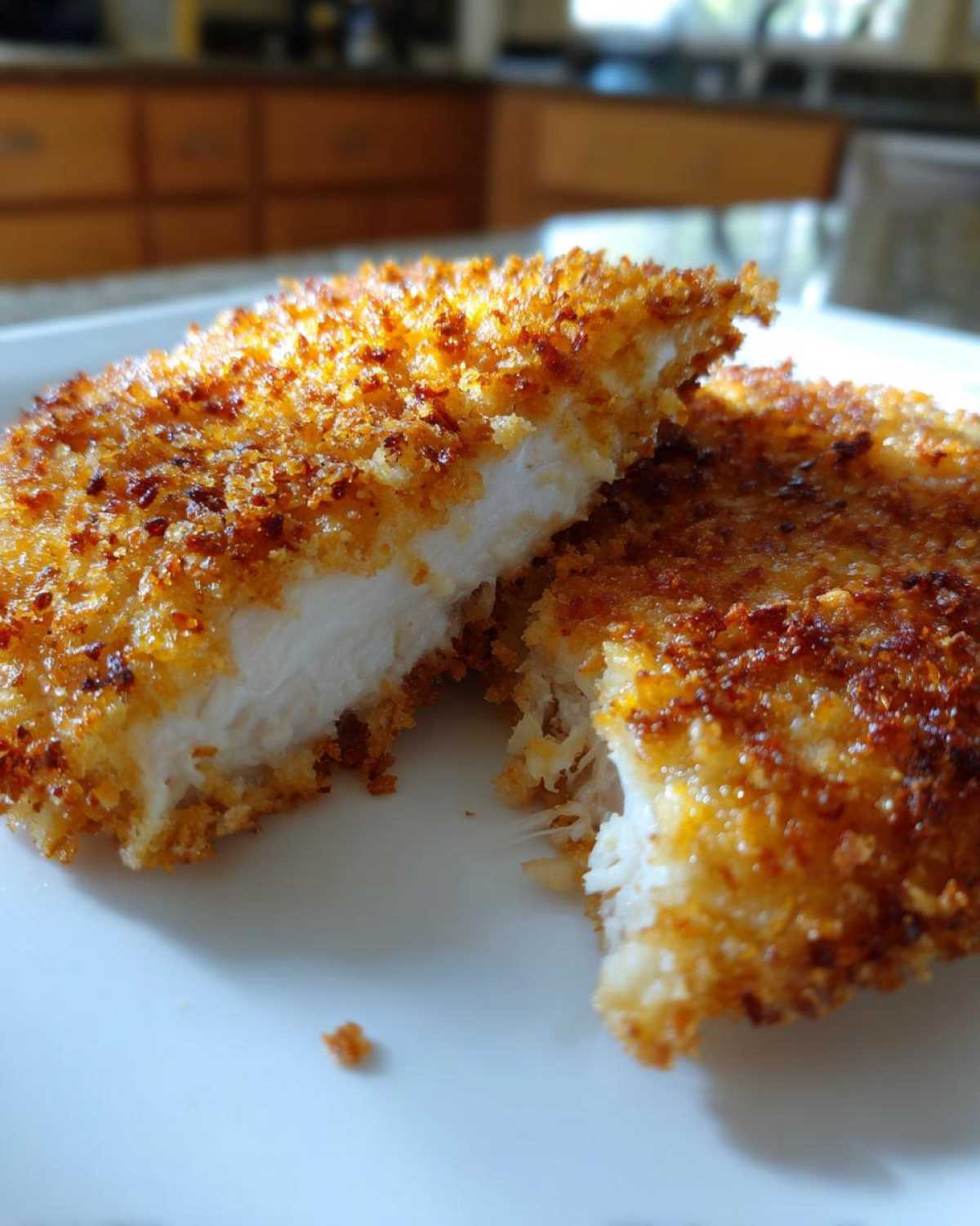 Close-up of parmesan crusted chicken cut in half showing juicy white meat and crispy golden crust.