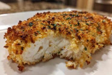 Close-up of a juicy, perfectly cooked piece of parmesan crusted chicken showing the white interior and golden crust.