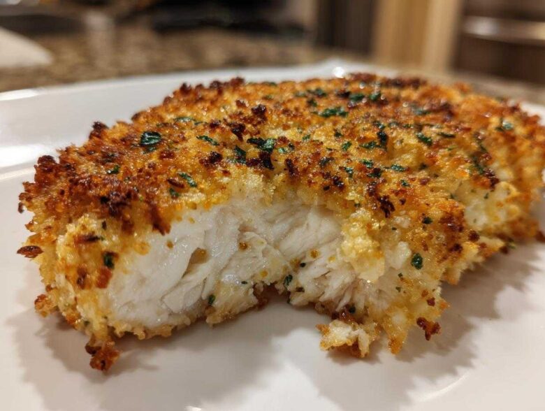 Close-up of a juicy, perfectly cooked piece of parmesan crusted chicken showing the white interior and golden crust.