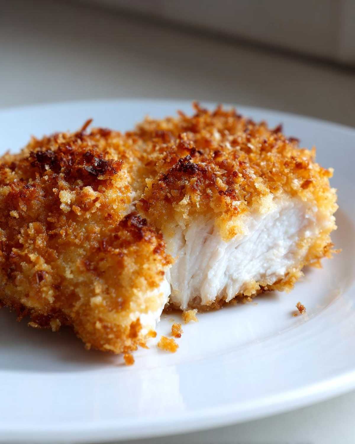 Close-up of parmesan crusted chicken cut open to show juicy white meat inside the crispy coating.